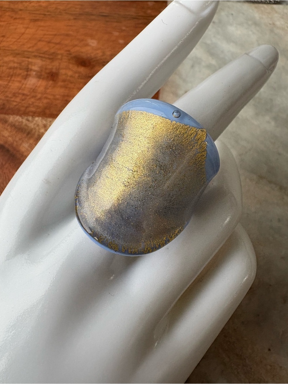 Contemporary Blue/Lavender Glass Statement Ring with Gold Accent - Size 10